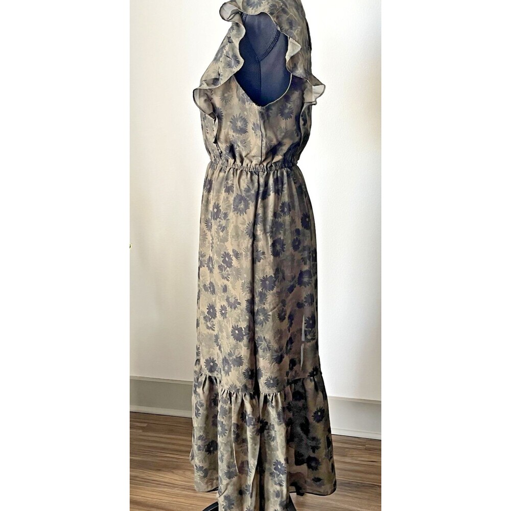 Steve‎ Madden Boho Floral Maxi Dress Olive Green Smocked Neck Garden Party  Sz L - Picture 5 of 12